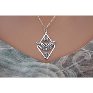 Sterling Silver Geometric Moth Charm with Sun and Moon Necklace